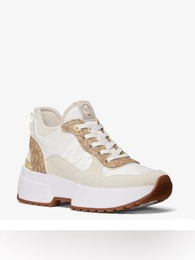 NIB Michael Kors Muse Trainer MK Logo Print Tech Canvas Sneaker White Ecru 8.5M